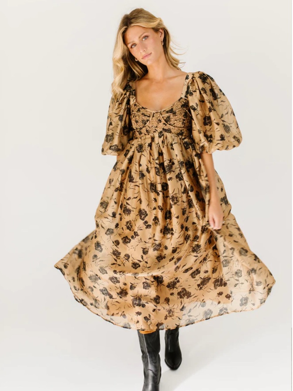 Smocked Puff-Sleeve ZOCO Floral Midi Dress in Tan and Black